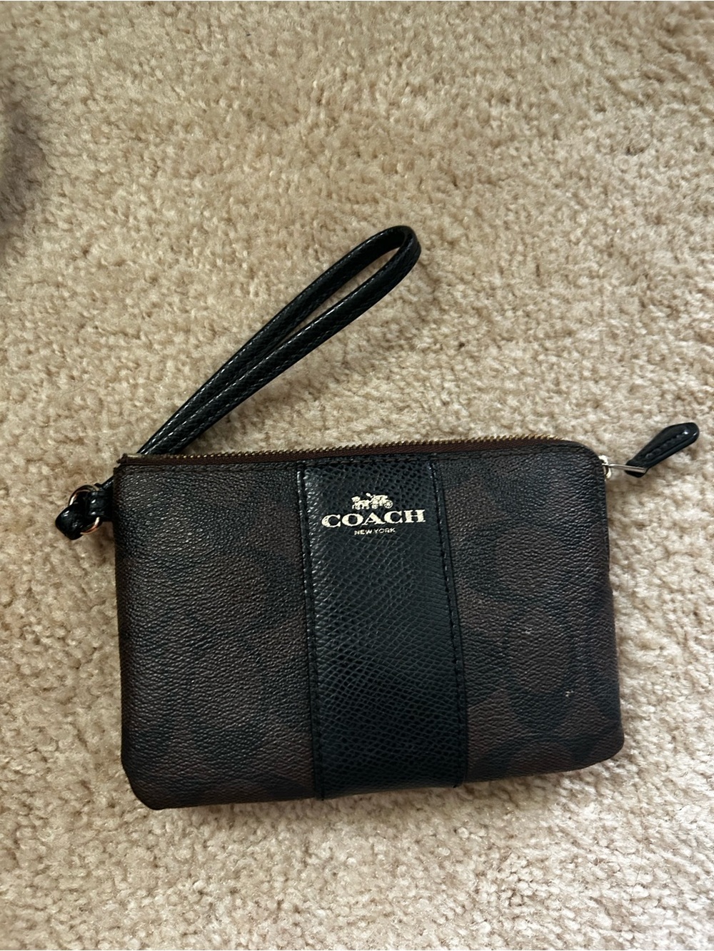 Coach F54429 Signature Canvas Leather Corner Zip Wristlet Brown Black